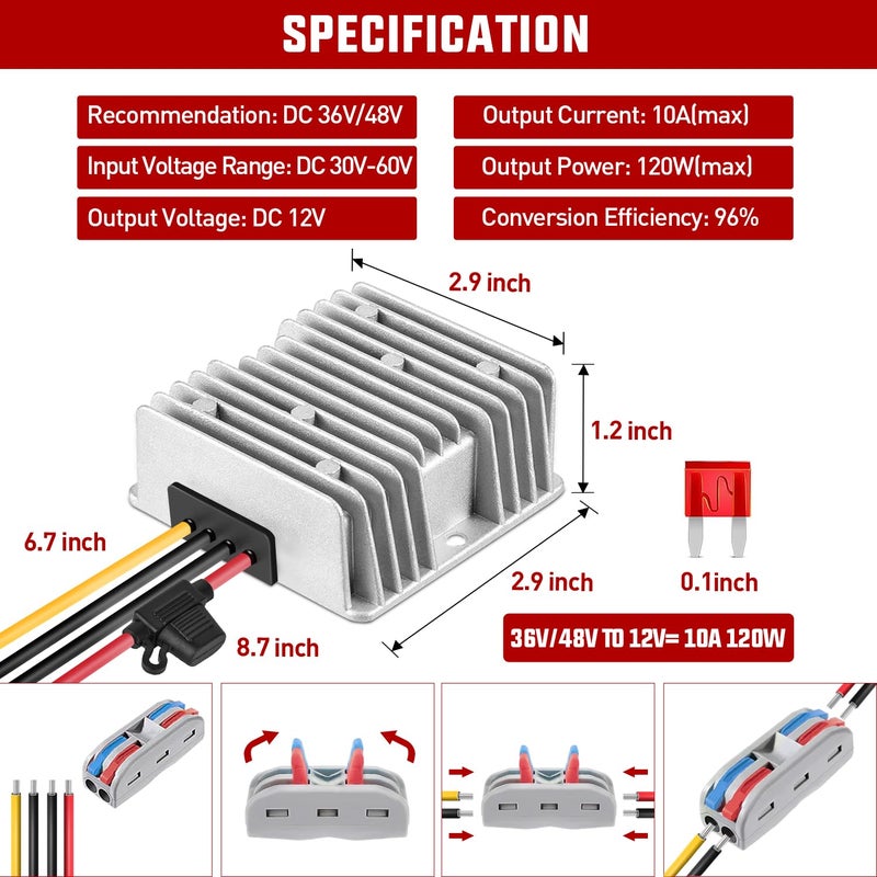 Nilight 48V 36V to 12V Voltage Converter 120W 10A Regulator Step Down to 12VDC Waterproof DC Convert Reducer Power Supply Transformer Module for Golf Cart Scooters - Image 2